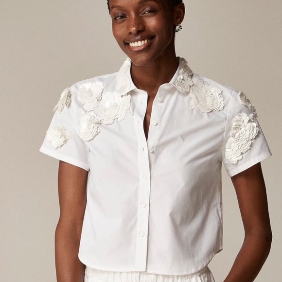 J. Crew Collection Cropped Button Up Shirt Floral Appliques White NWT Size 12 - Picture 10 of 10